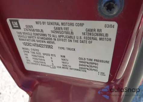 2004 Chevrolet Silverado C1500 z USA, uszkodzony, nr VIN 1GCEC14T84Z272062